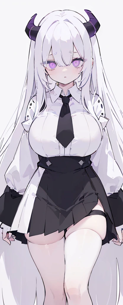 (((Long White hair))),White hair,kawai,(((Eyes visible from bangs,hair over eyes:1.3))),,Huge breasts,(purple color eyes),,(purple slanted eyes),1girl in,bangs,long White hair, pantyhose,Cowboy Shot,white background,Straight hair hair,(On both sides of the head has sharp black devil horns) ((head bowed pose)) Ter's hair flows straight down, has two sharp black horns (slant purple eyes) (((wearing a perfect white shirt))) white shirt sleeves should be folded to the elbows ((Don't wear any ties (wear a long black skirt, both sides of the skirt are split The other two sides of the skirt are split (showing her bare thighs) Long black skirt split at the thighs, perfect white shirt, no accessories like a tie (sexy body)