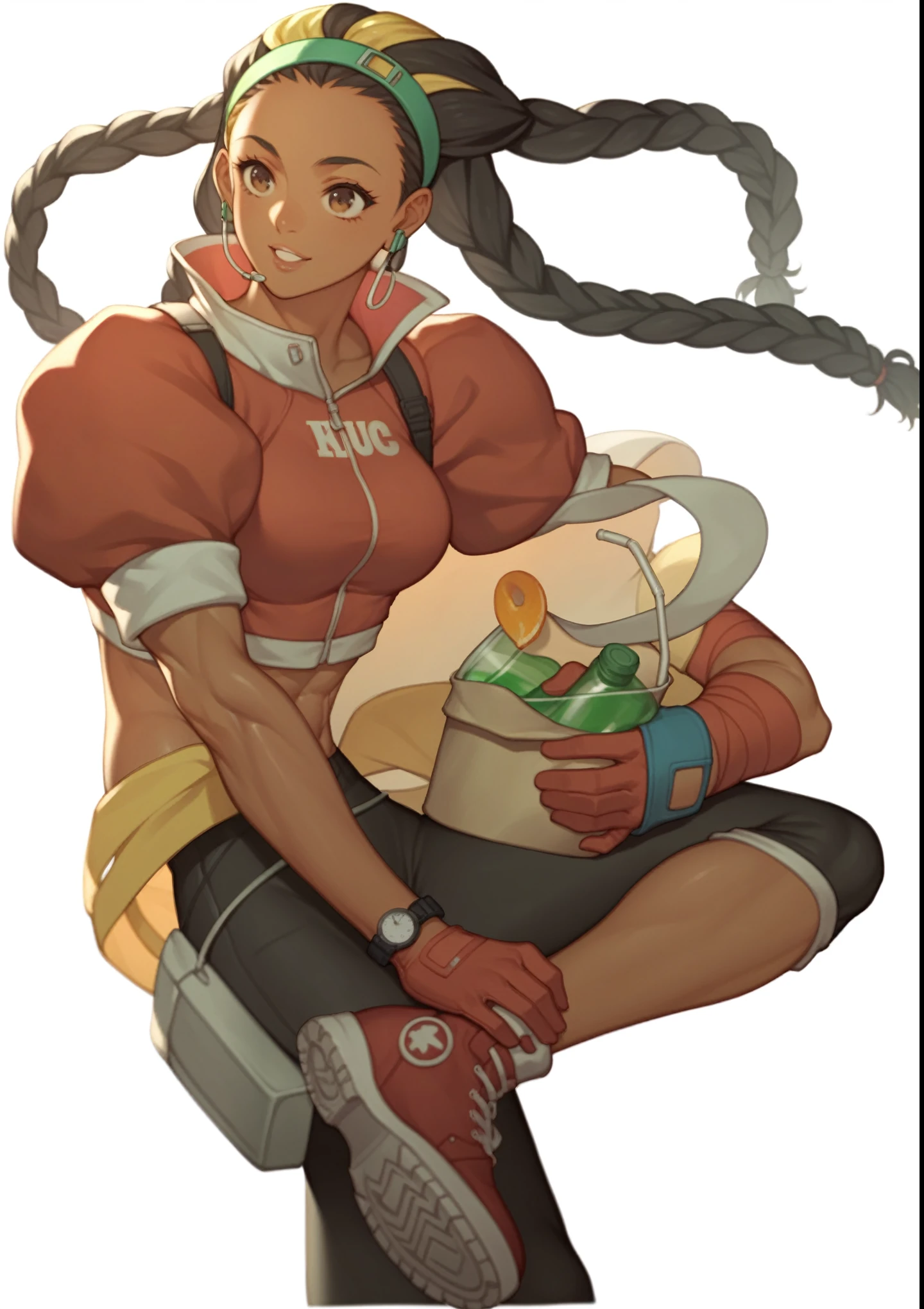 score_9,score_8_superior,score_7_superior,score_6_superior, sauce_Anime Women, Kimberly Jackson, Dark Skin, Long black hair, Brown eyes, Braiding,Multicolored Hair, Puffy sleeves,Red gloves, Cropped Red Jacket, Toned Up, Low Leg, watch, Hip vents, earphone, Yellow hair band, Tight black pants, earphone, arm wrap, View your viewers, Severe,
Are standing, Hands on hips, outside, alley, city, at night,