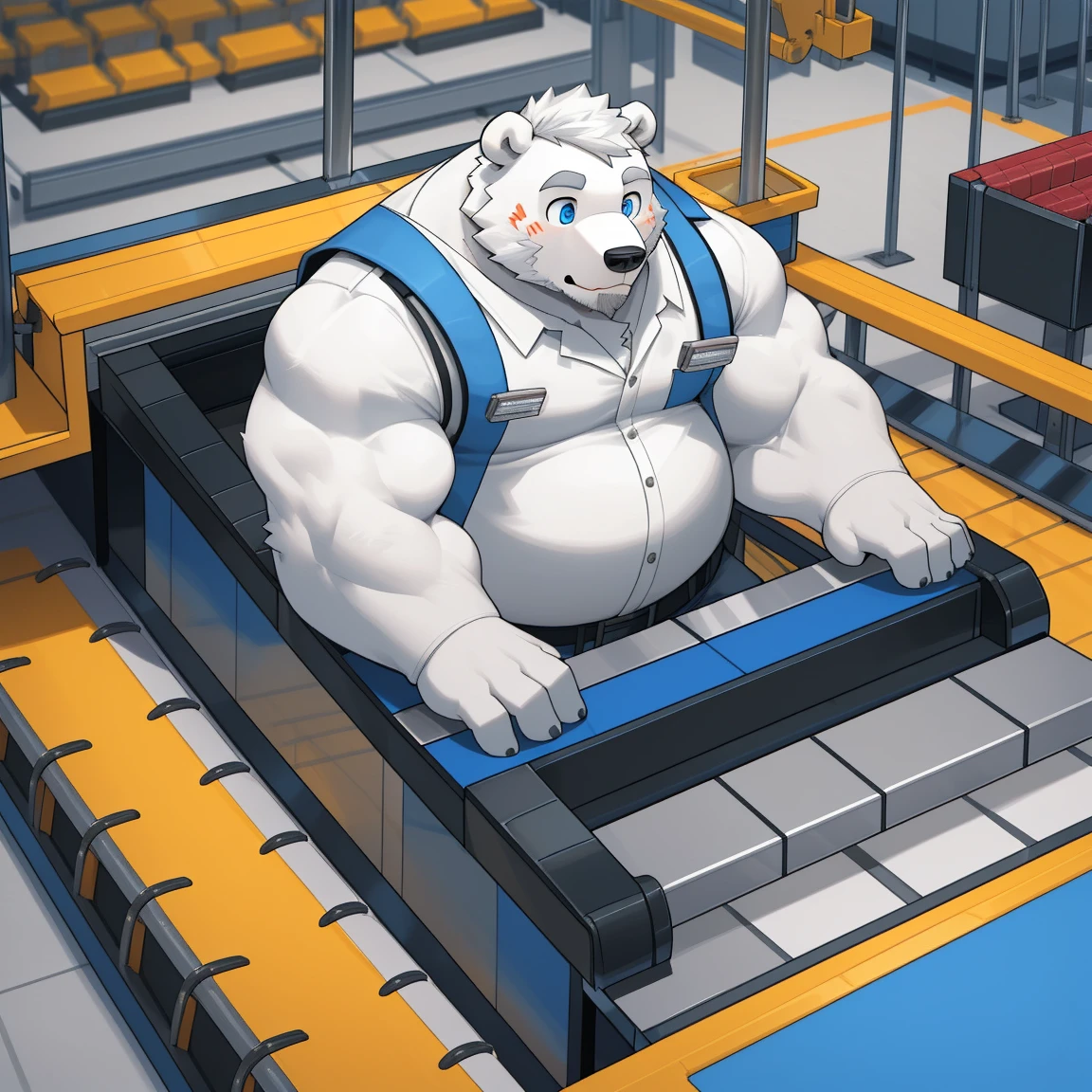 masterpiece, best quality, 8k resolution, Very detailed, hairy,(((polar bear)),(((Mature))),(((beard))),(((fat))),(((White hair all over body))),(((portrait))),(((White hair))),(((Toy factory))),For the audience,(((Worker clothing))),(((assembly line))),(((surprised))),Highest quality scene,(((whole body))),((( Blue Eyes))),(((Work while sitting))),(((Fat-enclosed muscle))),(((Round face))),(((alone))),(((Strong body))),(((conveyor belt))),(((toy model)))