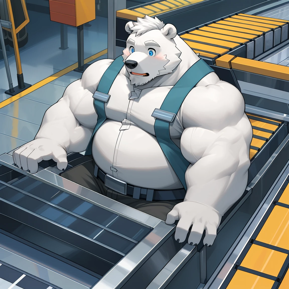 masterpiece, best quality, 8k resolution, Very detailed, hairy,(((polar bear)),(((Mature))),(((beard))),(((fat))),(((White hair all over body))),(((portrait))),(((White hair))),(((Toy factory))),For the audience,(((Worker clothing))),(((assembly line))),(((surprised))),Highest quality scene,(((whole body))),((( Blue Eyes))),(((Work while sitting))),(((Fat-enclosed muscle))),(((Round face))),(((alone))),(((Strong body))),(((conveyor belt))),(((toy model)))