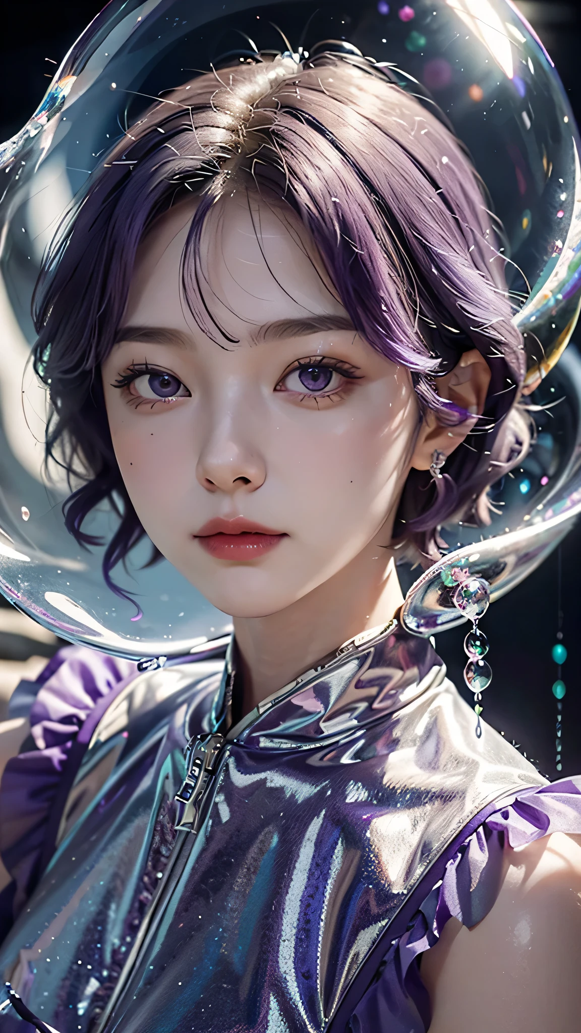 solo, 1girl, purple eyes, purple hair, bubble, looking at viewer, portrait, half-closed eyes, short hair, closed mouth,shiny bubbles,bubbles, colour shining in bubble, reflective bubbles,bubbles ,bubbles all around, turning into bubble