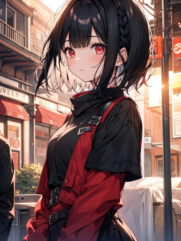 One Girl. Black Hair Girl. Red eyes. high school girl. short hair.Black and Red . Town. Dim lighting. evening. cute