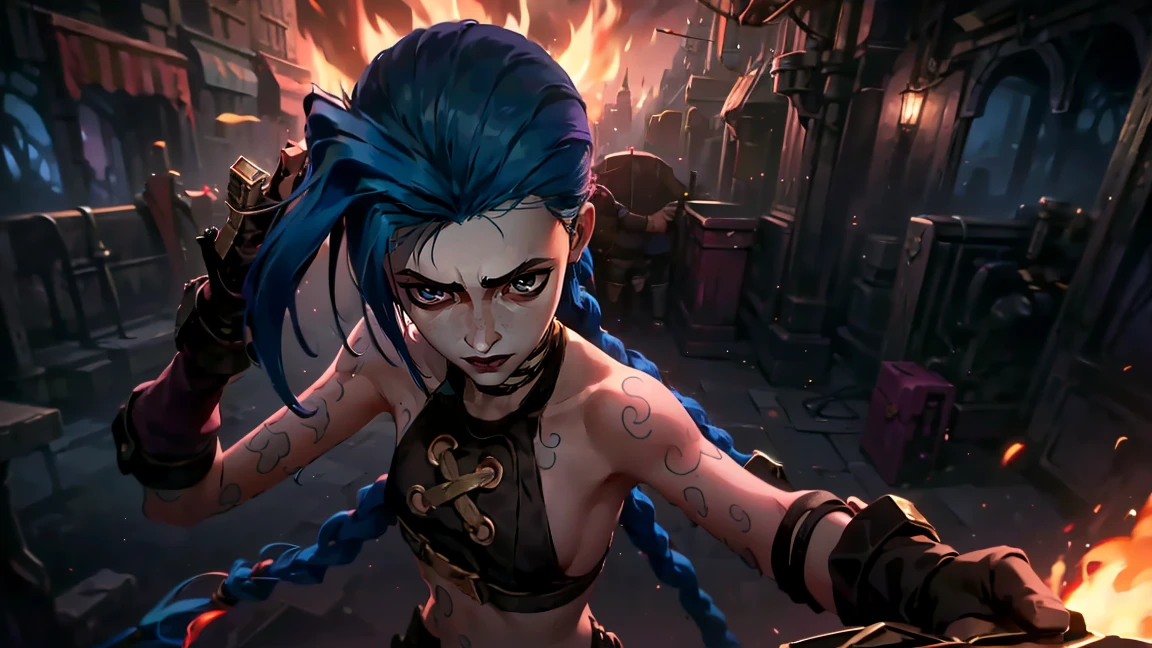 (masterpiece, Best quality), 1 girl, portrait, very sexy, holding a gun in his hand (((Jinx from Arcane pistol))) pistol grip in right hand, Arm outstretched, full length (full body 1.1.), очень feminine, fighting stance, battle, fire, explosions, burning city, Beautiful waist, gloomy composition, flame, fire, Flash, very beautiful, feminine, long hair, hair braided in long braids, very sexy, tight leather pants, emphasis on the eyes, face accent, Beautiful face, Hands, Hair, Haired ponytail, red purple eyes, Jinx is crying, Blue cloud tattoo, (masterpiece, Best quality), Side lighting, beautiful detailed eyes, crazy face), (Best quality), (masterpiece), magic photography, Spectacular lighting, Photorealism, ultra detailed, интимная portraitная композиция, 1. 4,8 k UHD, aesthetic, Cd., A high resolution, 8 k, better lighting, Best shade, Ultra-HD, A high resolution, sharp focus, Complex background, Cinematic lighting, ((Landscape view)), 4K block, (better lighting), ((Cinematic lighting)),