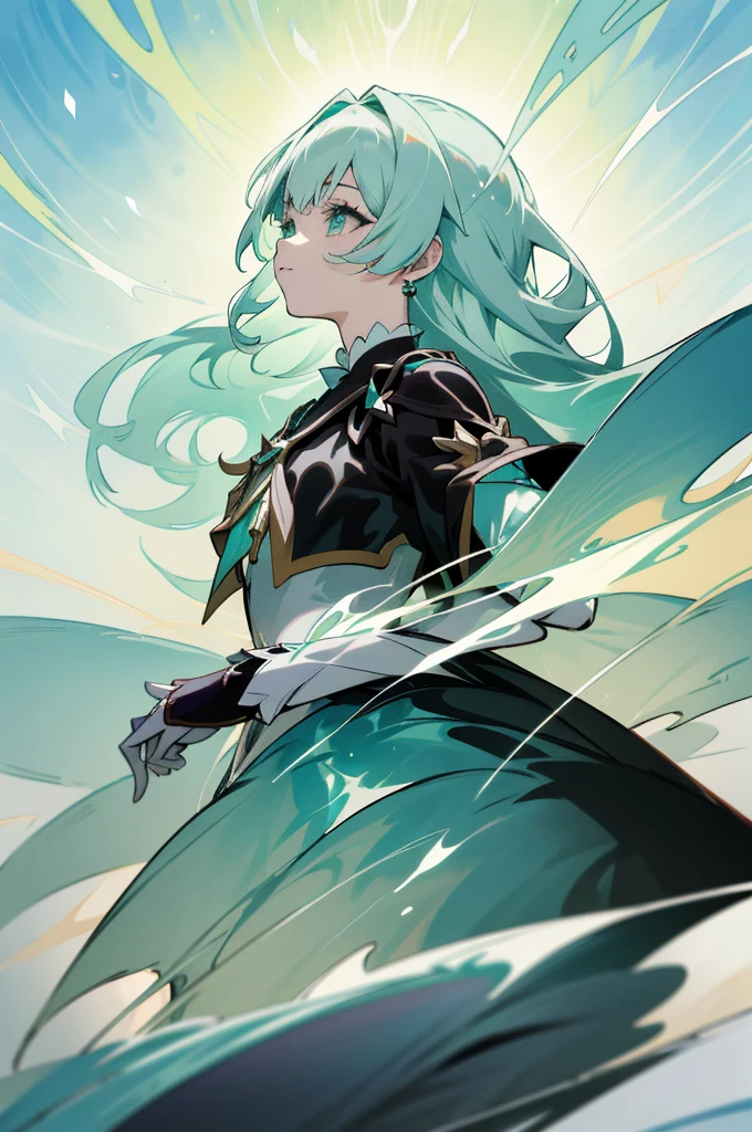a picture of a woman in a dress with color green, a small black jacket, detailed key anime art, shadowverse style, in opal armor, high detailed official artwork, official artwork, sliver ice color reflected armor, clothed in ethereal armor, portrait knights of zodiac girl, splash art anime loli, ayaka genshin impact, white cyan
