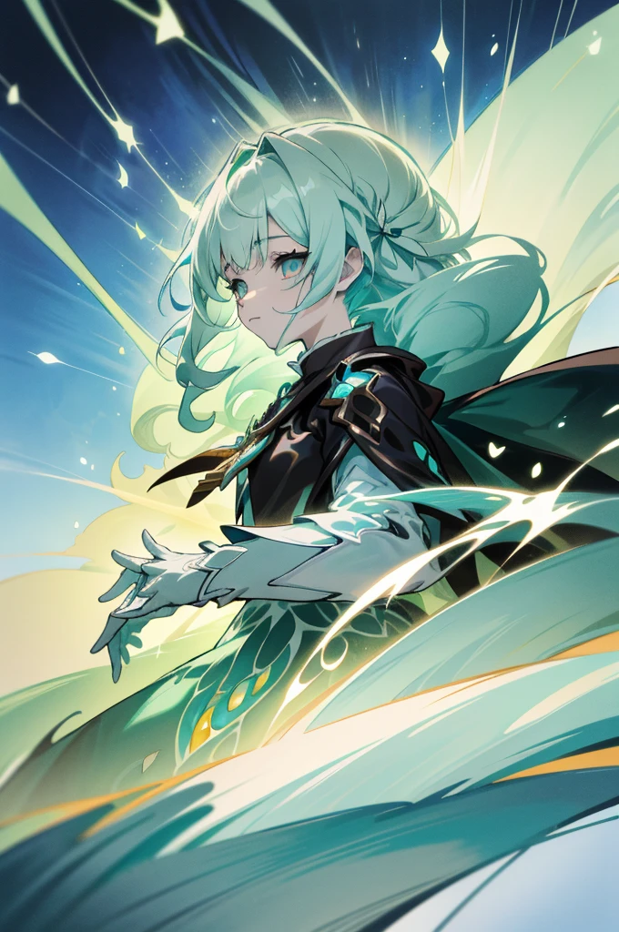 a picture of a woman in a dress with color green, a small black jacket, detailed key anime art, shadowverse style, in opal armor, high detailed official artwork, official artwork, sliver ice color reflected armor, clothed in ethereal armor, portrait knights of zodiac girl, splash art anime loli, ayaka genshin impact, white cyan