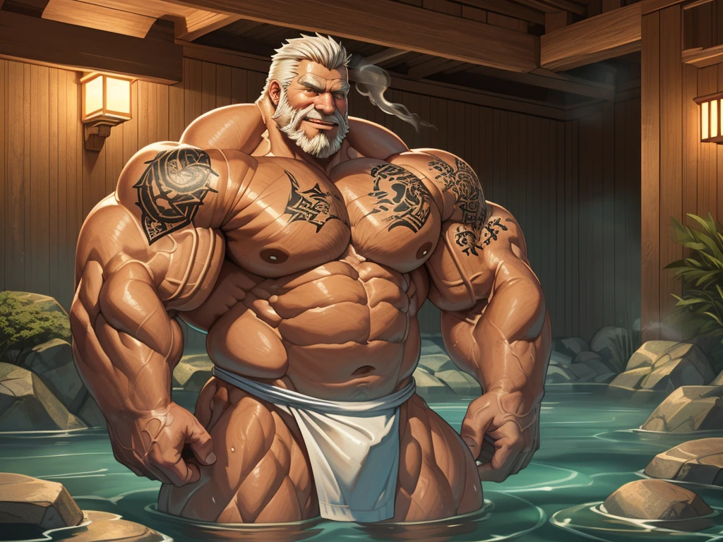 huge muscular old man dwarfs soaking in an open onsen, white and short hair, white beard, old, old man, grandpa, half submerged, huge scar on chest, , (huge muscular), (yakuza tattoo:1.2), detailed muscles, 8k, masterpiece:1.2, hyperrealistic, white fundoshi:1.2, highly detailed full body, ((really big muscle, massive muscular, sixpack, thick arms, wide pectoral, super huge muscle, small head, huge shoulder, hyper muscular, submerged, floating steam, over sized muscle, huge arms, big arms, huge pectoral)), rich colors, serene atmosphere, hot spring, landscape, soft ambient lighting, wrinkled skin, happy expression, reflective water, peaceful relaxation