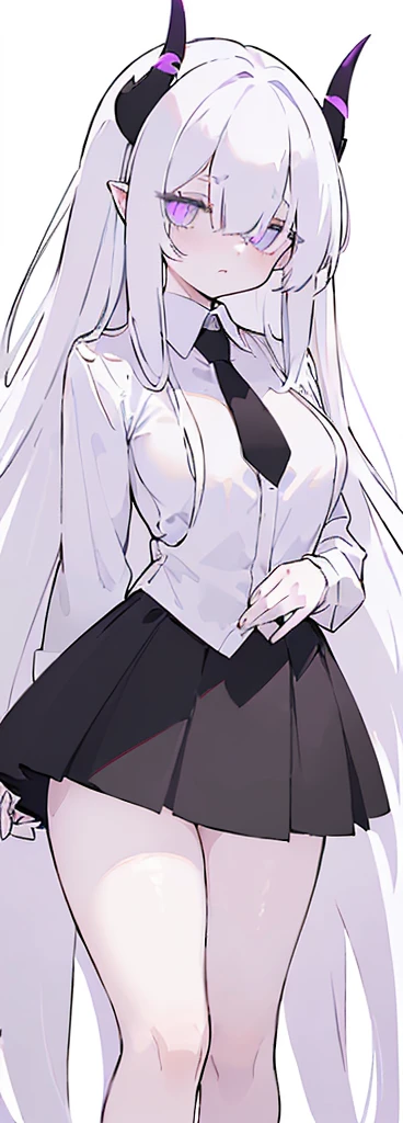 (((Long White hair))),White hair,kawai,(((Eyes visible from bangs,hair over eyes:1.3))),,Huge breasts,(purple color eyes),,(purple slanted eyes),1girl in,bangs,long White hair, pantyhose,Cowboy Shot,white background,Straight hair hair,(On both sides of the head has sharp black devil horns) ((head bowed pose)) Ter's hair flows straight down, has two sharp black horns (slant purple eyes) (((wearing a perfect white shirt))) white shirt sleeves should be folded to the elbows ((Don't wear any ties (wear a long black skirt, both sides of the skirt are split The other two sides of the skirt are split (showing her bare thighs) Long black skirt split at the thighs, perfect white shirt, no accessories like a tie (sexy body)