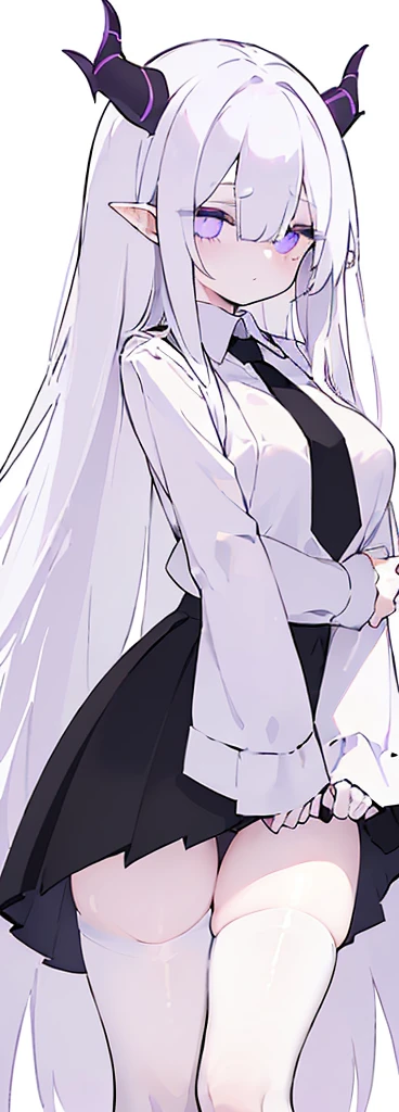 (((Long White hair))),White hair,kawai,(((Eyes visible from bangs,hair over eyes:1.3))),,Huge breasts,(purple color eyes),,(purple slanted eyes),1girl in,bangs,long White hair, pantyhose,Cowboy Shot,white background,Straight hair hair,(On both sides of the head has sharp black devil horns) ((head bowed pose)) Ter's hair flows straight down, has two sharp black horns (slant purple eyes) (((wearing a perfect white shirt))) white shirt sleeves should be folded to the elbows ((Don't wear any ties (wear a long black skirt, both sides of the skirt are split The other two sides of the skirt are split (showing her bare thighs) Long black skirt split at the thighs, perfect white shirt, no accessories like a tie (sexy body)