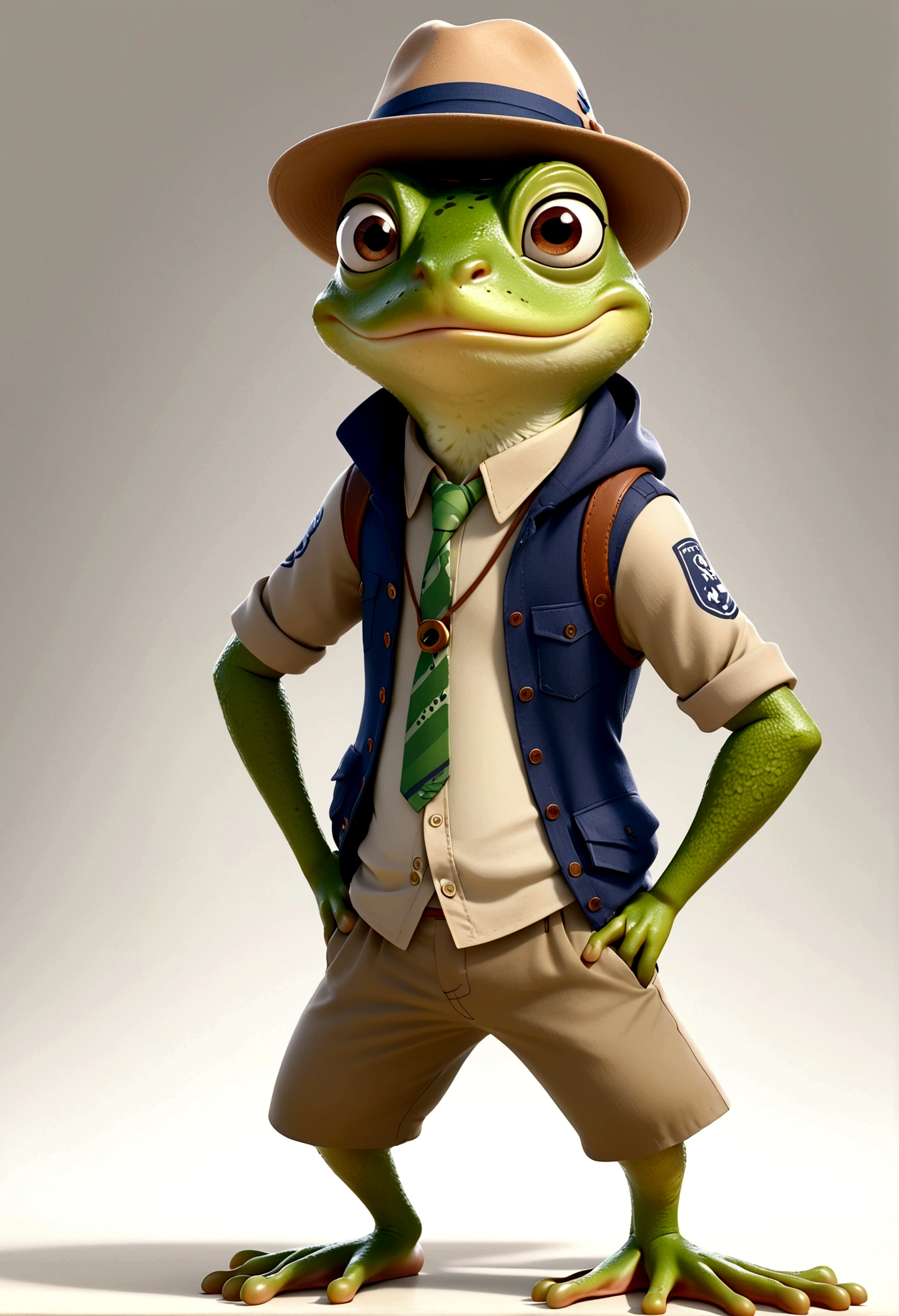 独奏,Wear casual clothes,Wearing a hat,Frog standing with hands in pockets, Zootopia style, movie Features, Zootopia movie style, Zootopia style, looking heckin cool and stylish, in Zootopia style, 迪士尼疯狂Zootopia style, mob_Features Frog Stylization, Anthropomorphic lively frog, Multiple poses and expressions, 4 positions, whole body, White background, Shorty