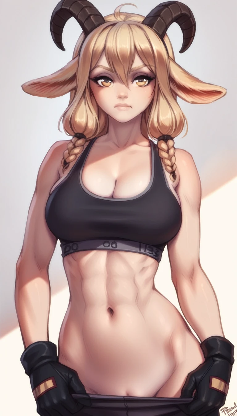 PersonalAmi, 1girl, breasts, solo, horns, long_hair, navel, yellow_eyes, animal_ears, looking_at_viewer, large_breasts, abs, blonde_hair, white_background, cleavage, goat_ears, simple_background, midriff, goat_girl, bare_shoulders, crop_top, stomach, black_gloves, hair_between_eyes, gloves, sports_bra, bangs, collarbone, upper_body, goat_horns, underwear, closed_mouth, very_long_hair