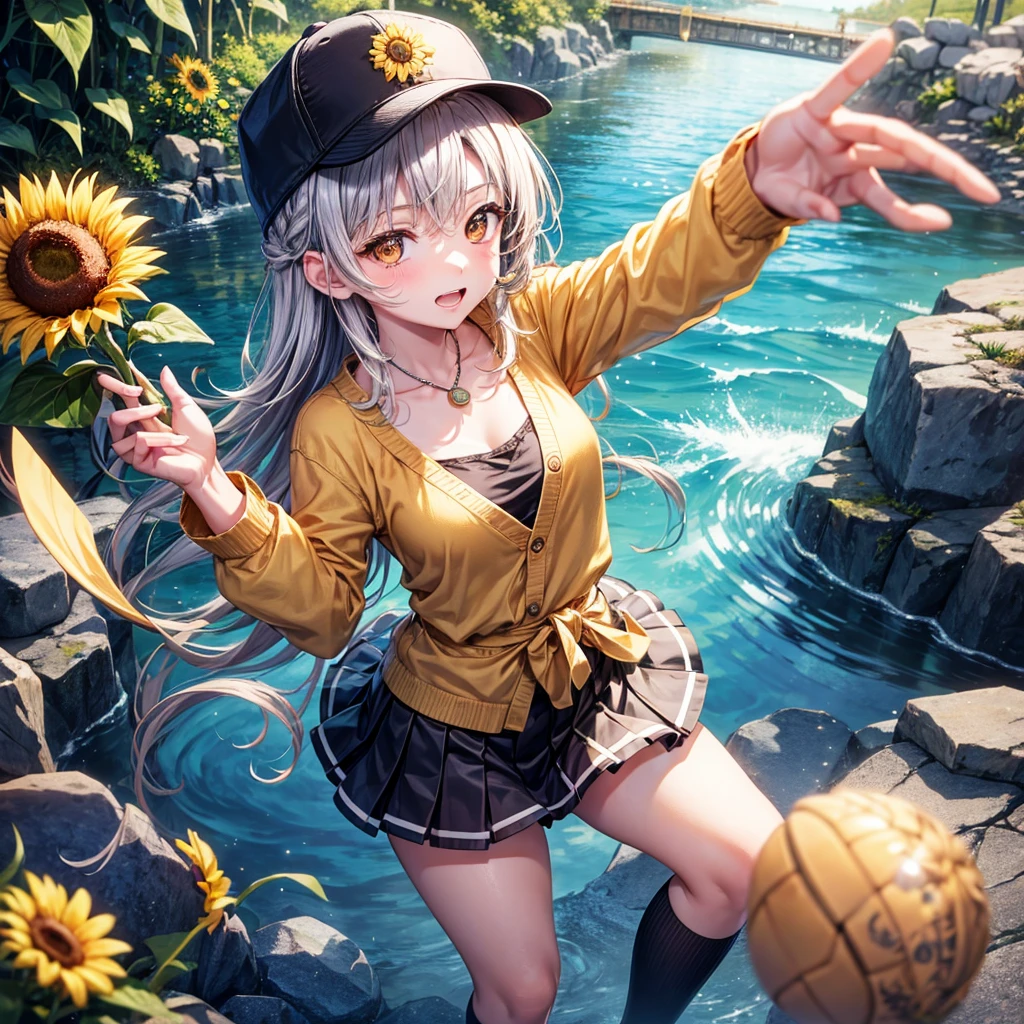 Red, brown, gold, gold hair、Golden Eyes、Hair tied up、One good looking girl、solo、anime、Checkered mini skirt、Ruffles on the skirt、camisole、Lightweight cardigan、Black knee-high socks、Wearing a baseball cap、Ribbon、Ribbon on waist、Teeth are visible、Silver coin necklace、From above、Sunflower Tunnel、Cobblestones、waterfall、Have sunflowers、Starry Sky、Midnight Moon、Winding Road、Unlocking、suspension bridge、Soap bubbles are flying