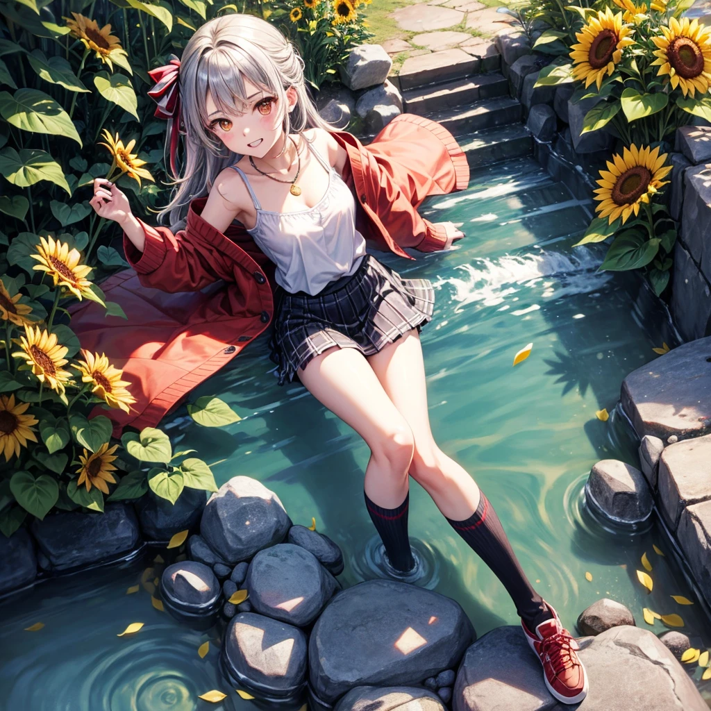 Red, brown, gold, gold hair、Golden Eyes、Hair tied up、One good looking girl、solo、anime、Checkered mini skirt、Ruffles on the skirt、camisole、Lightweight cardigan、Black knee-high socks、Wearing a baseball cap、Ribbon、Ribbon on waist、Teeth are visible、Silver coin necklace、From above、Sunflower Tunnel、Cobblestones、waterfall、Have sunflowers、Starry Sky、Midnight Moon、Winding Road、Unlocking、suspension bridge、Soap bubbles are flying