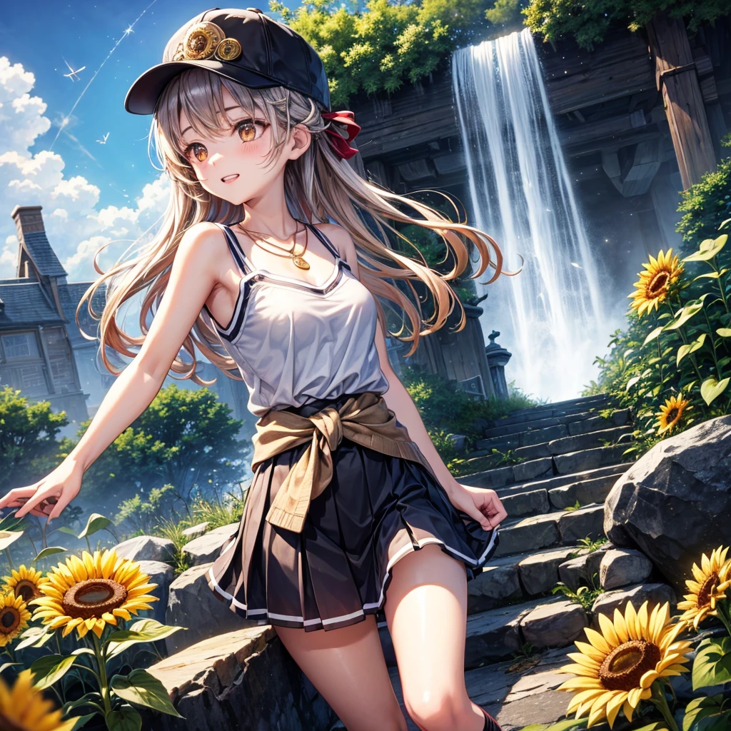 Red, brown, gold, gold hair、Golden Eyes、Hair tied up、One good looking girl、solo、anime、Checkered mini skirt、Ruffles on the skirt、camisole、Lightweight cardigan、Black knee-high socks、Wearing a baseball cap、Ribbon、Ribbon on waist、Teeth are visible、Silver coin necklace、From above、Sunflower Tunnel、Cobblestones、waterfall、Have sunflowers、Starry Sky、Midnight Moon、Winding Road、Unlocking、suspension bridge、Soap bubbles are flying