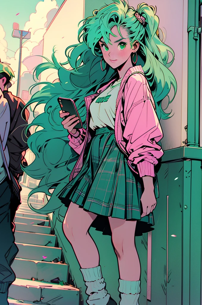 Volume hair, soft hair, emerald green hair and pink inner color, wavy hair, gradation hair, green hair, side braids, wavy hair, two side up, cloud hair, emerald green eyes, high school girl, Cheerful and active, blonde clip, loose socks, plaid skirt, holding smartphone, on the street, (best) quality, 4K, 8K, high resolution, masterpiece: 1.2), ultra-definition, bright colors, soft lighting