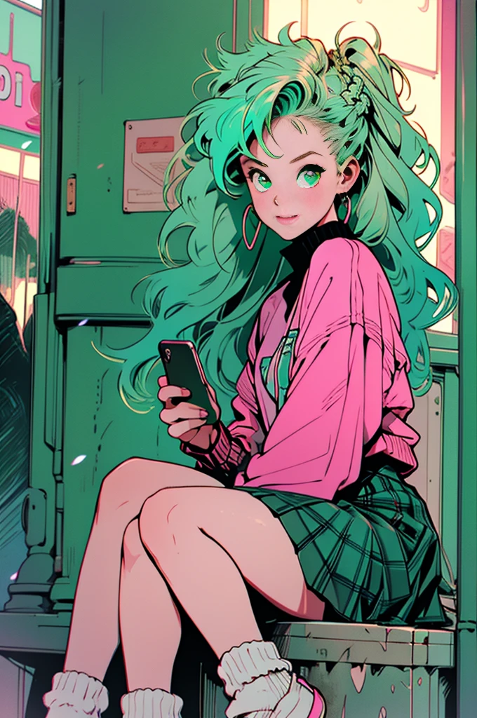 Volume hair, soft hair, emerald green hair and pink inner color, wavy hair, gradation hair, green hair, side braids, wavy hair, two side up, cloud hair, emerald green eyes, high school girl, Cheerful and active, blonde clip, loose socks, plaid skirt, holding smartphone, on the street, (best) quality, 4K, 8K, high resolution, masterpiece: 1.2), ultra-definition, bright colors, soft lighting