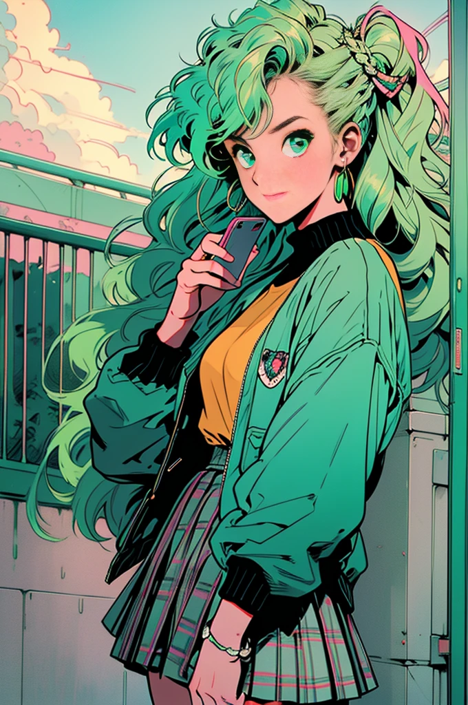Volume hair, soft hair, emerald green hair and pink inner color, wavy hair, gradation hair, green hair, side braids, wavy hair, two side up, cloud hair, emerald green eyes, high school girl, Cheerful and active, blonde clip, loose socks, plaid skirt, holding smartphone, on the street, (best) quality, 4K, 8K, high resolution, masterpiece: 1.2), ultra-definition, bright colors, soft lighting
