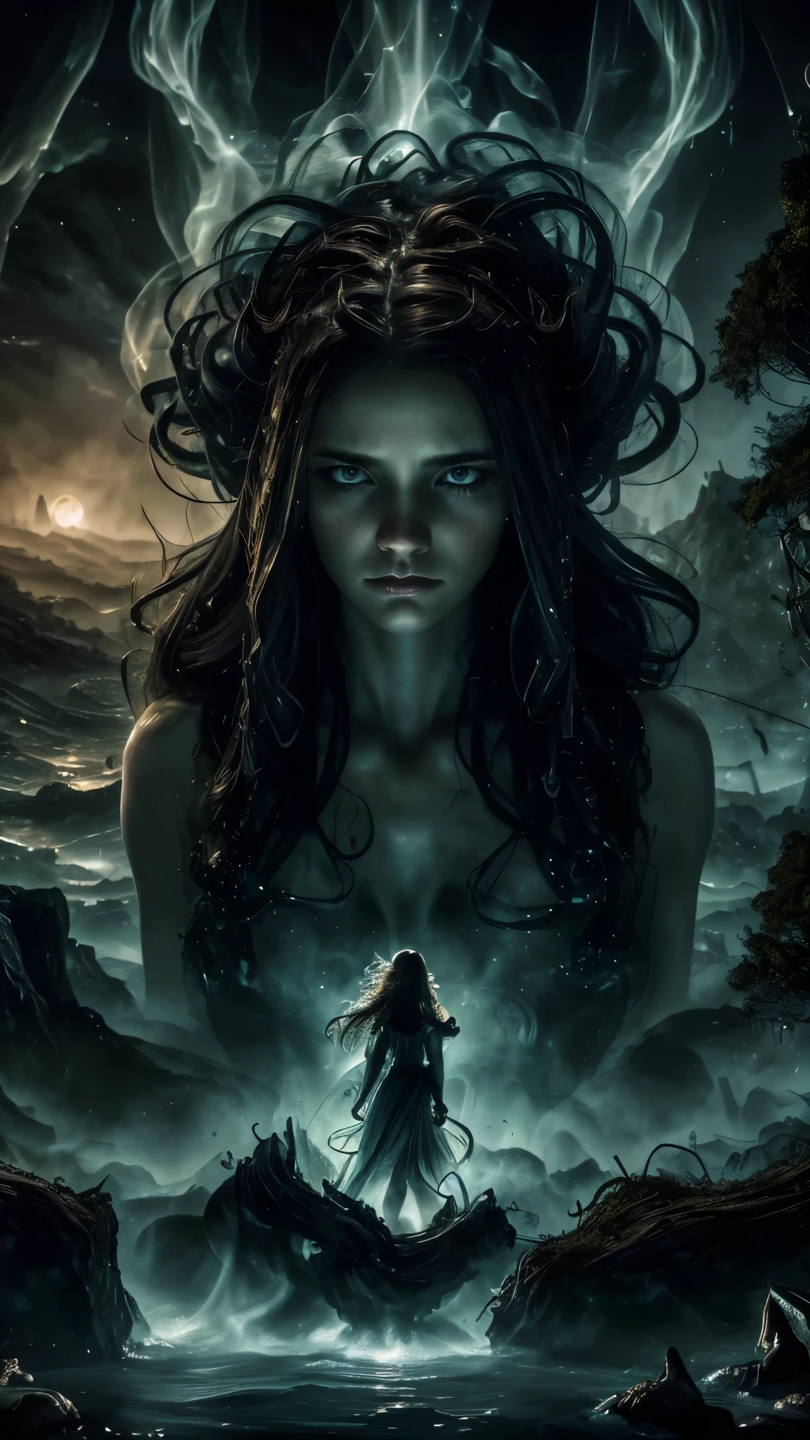 zrpgstyle, from_front side,from_below, A beautiful scary woman made of water, (sadness expression:1.2), woman with (long water hair:1.2), rising out of the water, moss, smoke, vines, churning water, fireflies, midnight, moonlight, backlight, (best quality, 4k, 8k, highres, masterpiece:1.2), ultra-detailed, (realistic, photorealistic, photo-realistic:1.37), HDR, UHD, studio lighting, ultra-fine painting, sharp focus, physically-based rendering, extreme detail description, professional, vivid colors, bokeh, portraits, landscape, horror, anime, sci-fi, photography, concept artists, color palette, radiant lighting.