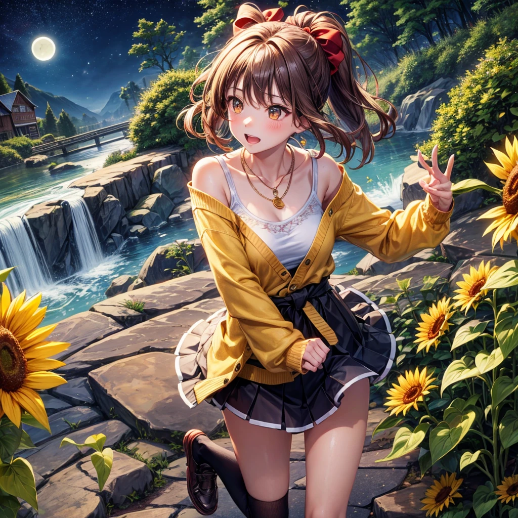 Red, brown, gold, gold hair、Golden Eyes、Hair tied up、One good looking girl、solo、anime、Checkered mini skirt、Ruffles on the skirt、camisole、Lightweight cardigan、Black knee-high socks、Wearing a baseball cap、Ribbon、Ribbon on waist、Teeth are visible、Silver coin necklace、From above、Sunflower Tunnel、Cobblestones、waterfall、Have sunflowers、Starry Sky、Midnight Moon、Winding Road、Unlocking、suspension bridge、Soap bubbles are flying