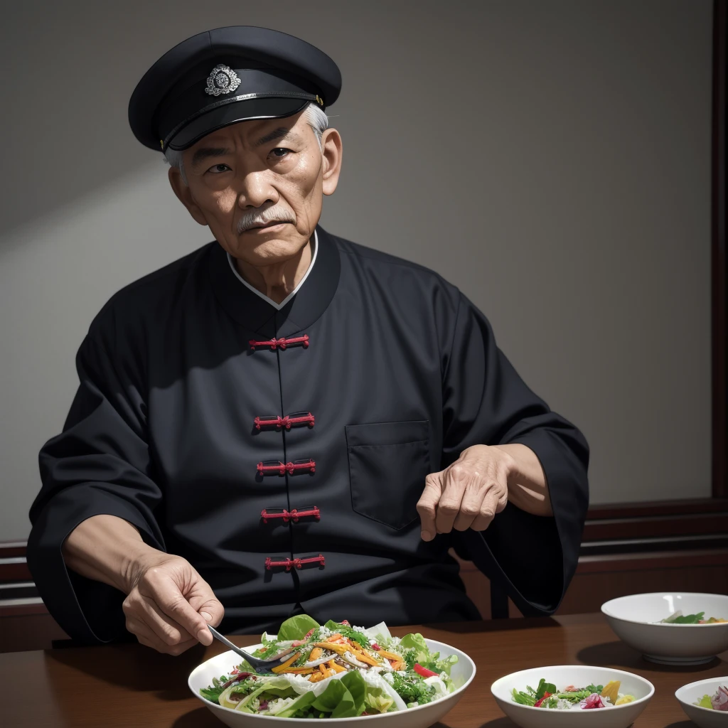 Medium-sized display, Medium shot, Written border depth, Break, Upper Body, angle, masterpiece, angle, (RAW photos, best quality), best quality, Very detailed, CG, 8k wallpaper, Vicissitudes, Older male protagonist,Chinese elderly,80 years old,male,Solitary, Divide salad, Look directly at the audience, front