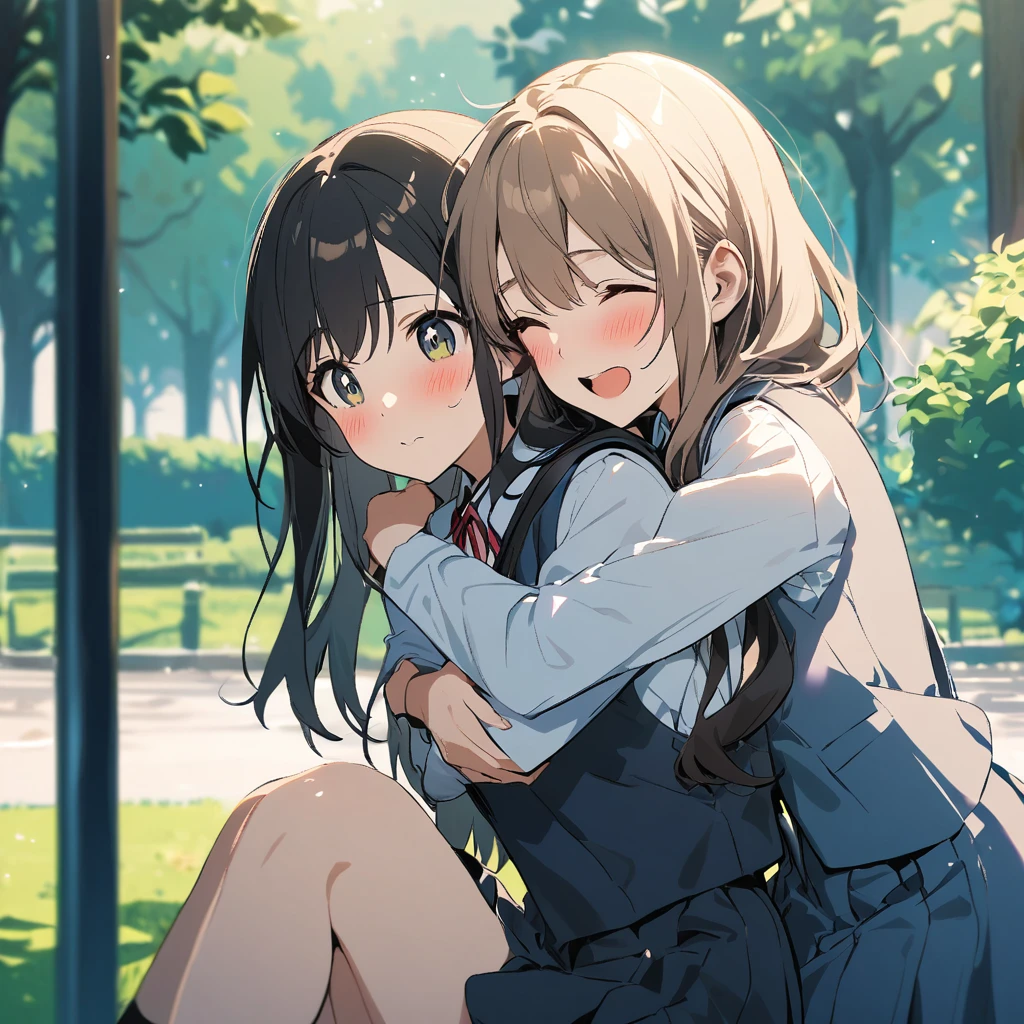 Two girls hugging, school dress, they are in a park