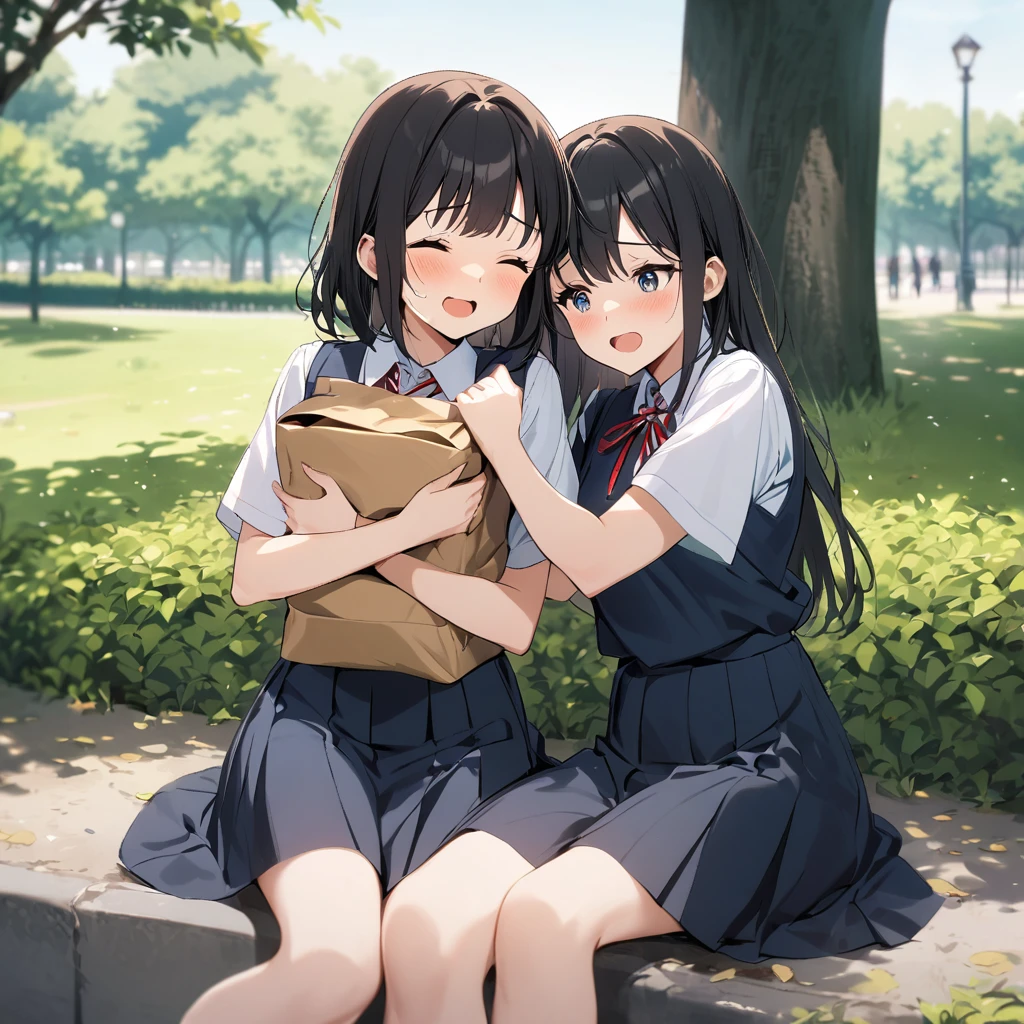 Two girls hugging, school dress, they are in a park