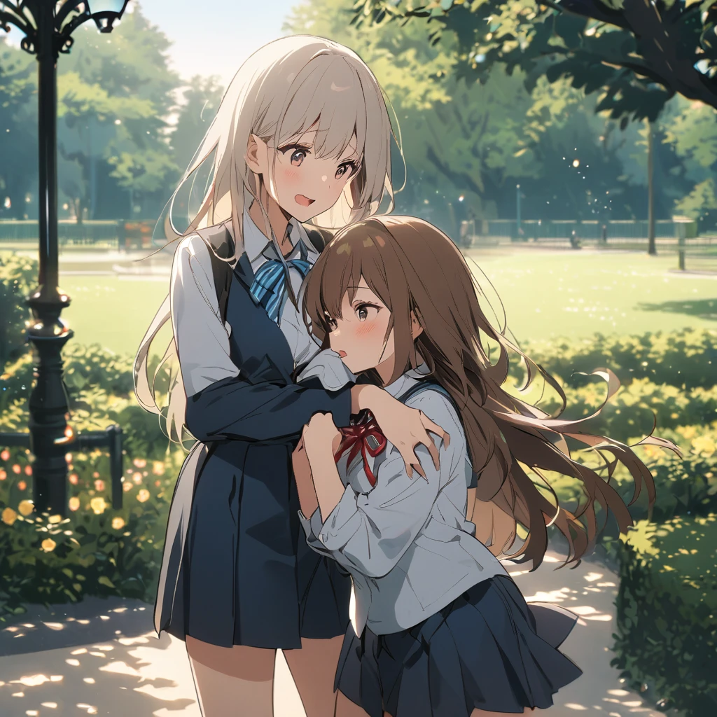 Two girls hugging, school dress, they are in a park