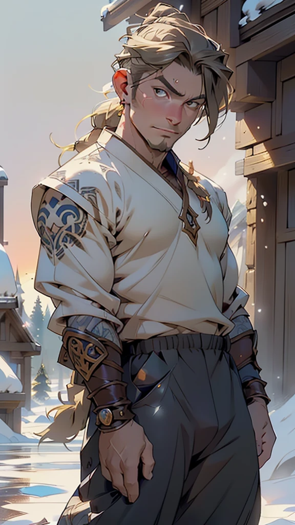 ((Beowulf)), the epic sense, (man:1.5),1 man,male, muscle, (1boy:1.3), muscle, pectoral, muscular,mature man,((epic warrior lord, ancient epic hero)),
(macho man:1.2),
(large pectoral:1.4,),(((long blond braided hair,clean beard))),(((brown_eyes:1.3))),intricate eyes,beautiful detailed eyes,symmetrical eyes,(((lustrous skin:1.5,tanned skin,bright skin: 1.5,skin tanned,shiny skin,very shiny skin,shiny body))),,man chest,handsome face,(((detailed face))),(ABS),a warrior in torn leather, muscular, scarred, tall, noble, extremely strong,has a muscular body,
nsfw,
A Scandinavian male viking,grizzly, leather armor, animal hide, hide armor, clothed, druid magic, nature, gorgeous brown eyes, Battle scars all over his body, Earring on his right earlobe, he has tattoos all over his arms, he has a thick he’s really tall, he wears a thick tunic and baggy trousers,((bulge in trousers)),((wet clothes,intricate outfit,intricate clothes)),
dynamic pose,looking at viewer,angry,centered,scale to fit dimensions,Rule of thirds,
((snowy viking palace)),winter,scenery:1.25,((intricate scenery)),((snow forest background)),snow everywhere,(snowy viking palace background,snowy pyramids in the background),extremely scenery,(puddles everywhere),clouds,viking style,viking castle,(sunset, golden hour),
(Glossy viking ornaments),highres,sharp focus,(ultra detailed,extremely detailed),(photorealistic artwork:1.37),(extremely detailed CG unity 8k wallpaper),(((vibrant colors,vibrant theme))),(intricate),(masterpiece),(best quality),artistic photography,(photography taken by sldr),(intricate background),perfect rendered face,perfect face details,realistic face,photo realistic,((intricate detail)),(((realism))),