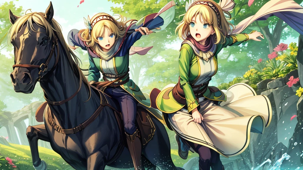 Anime girl holding flowers, Cute anime waifu in a nice dress, In a dress, I deny that, Official Art, Anime Princess, , Beatrice Blue, Zerochan Art, Royal elegant pose, Official Artワーク, Splash art anime , irritating, Kshat Krentz Key Art Female, Detailed fan art, Beautiful teenage girl, , One girl, Cayna, Blonde, short hair, blue eyes, hair ornaments, Very pointy ears