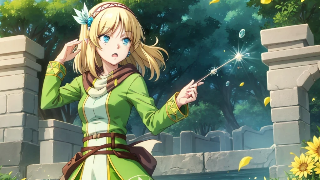 Anime girl holding flowers, Cute anime waifu in a nice dress,  In a dress, I deny that, Official Art, Anime Princess, , Beatrice Blue, Zerochan Art, Royal elegant pose, Official Artワーク, Splash art anime , irritating, Kshat Krentz Key Art Female, Detailed fan art, Beautiful teenage girl, , One girl, Cayna, Blonde, short hair, blue eyes, hair ornaments, Very pointy ears