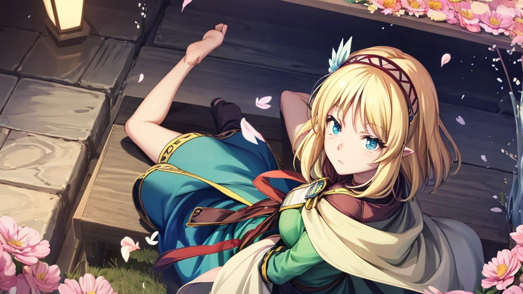 Anime girl holding flowers, Cute anime waifu in a nice dress, In a dress, I deny that, Official Art, Anime Princess, , Beatrice Blue, Zerochan Art, Royal elegant pose, Official Artワーク, Splash art anime , irritating, Kshat Krentz Key Art Female, Detailed fan art, Beautiful age girl, , One girl, Cayna, Blonde, short hair, blue eyes, hair ornaments, Very pointy ears