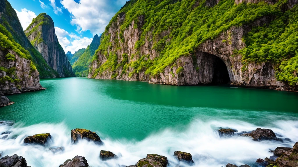 Masterpiece, ultimate quality, Cg unity 8k wallpaper, super delicate, beautiful sky and clouds, rich natural scenery, cliffs, lakes and rivers, waterfalls and flying water, beautiful green mountains, no trace of people, excellent scenery, has already won a photo contest, background Blurring, full depth of field, HDR high dynamics, true restoration, intricate, extreme details, dramatic presentation, perfectly presenting the style of midjourney art.