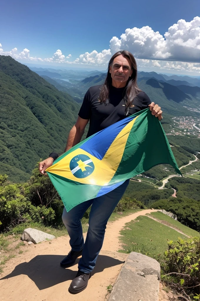 former president Jair Bolsonaro on a mountain holding a Brazilian flag
