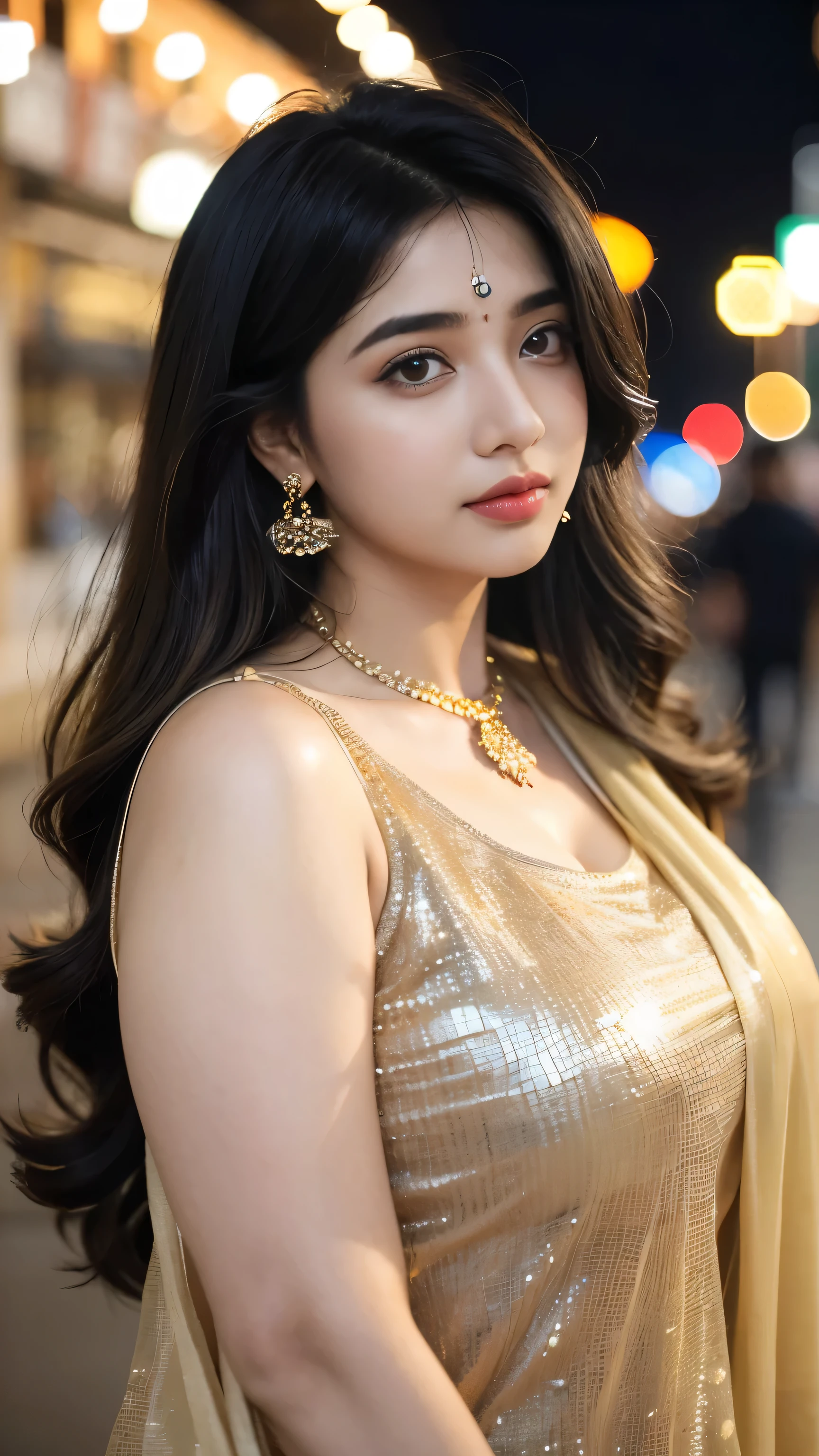 (((desi girl))), chubby face, natural skin, wearing hot deep neck top and dupatta, charming black hair, ((hair ends are blonde)), city streets background, bokeh