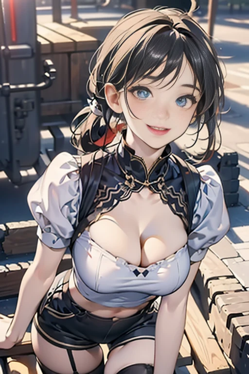 (dynamic angle:1.3, front view:1.1, breast focus:1.3, from above:1.2), (dynamic posing:1.2, sexy posing:1.2), (seductive smiling:1.3), highest quality、(real、photorealistic:1.4),(ultra high resolution, 8K RAW photo, clear focus), best qualtiy, natural lighting, field depth, (Bright pupils, detailed beautiful blue eyes, high detailed face), (tight focus:1.2), a girl 28yo old, Thicc, thin breast, long hair, blue eyes,garter stocking, cleavage:1.2, midriff, black shorts, black thighhighs, thigh strap, pretty girl, (highly detailed beautiful face and eyes,firm breasts),real skin,((black,hair,long pony tail hair)),thin pubic hair,cute,lovely, detailed eyes,(double breasted:1.0,under bust:1.0),(with sparkling eyes and a contagious smile),soft open mouth, Looking at Viewer,