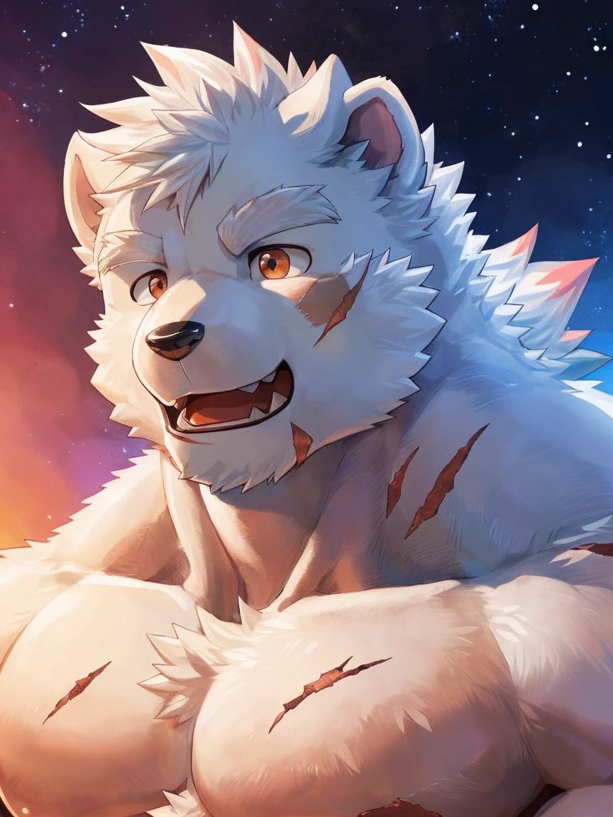 human nature, Wildlife, male,18 years old, solitary, ((Round Face, The face is plump,Orange eyes,Thick white hair,With wounds)), ((Endomorph, Handsome,enthusiasm)), (nude,Light blue and white solvent,Close your eyes), ((domestic 犬, Dog Orc,) Fluffy fur, Fluffy), Bokeh, (high quality, high resolution, masterpiece), (Dynamic Lighting, Vibrant colors,Natural fill light), (Revitalize,Disdain,aggressive), Full body picture (close up), cartoon, author:Takemoto Arashi, From zixiong, By Chunni, author:Empty Ghost,(background:Artificial bioreactor)
