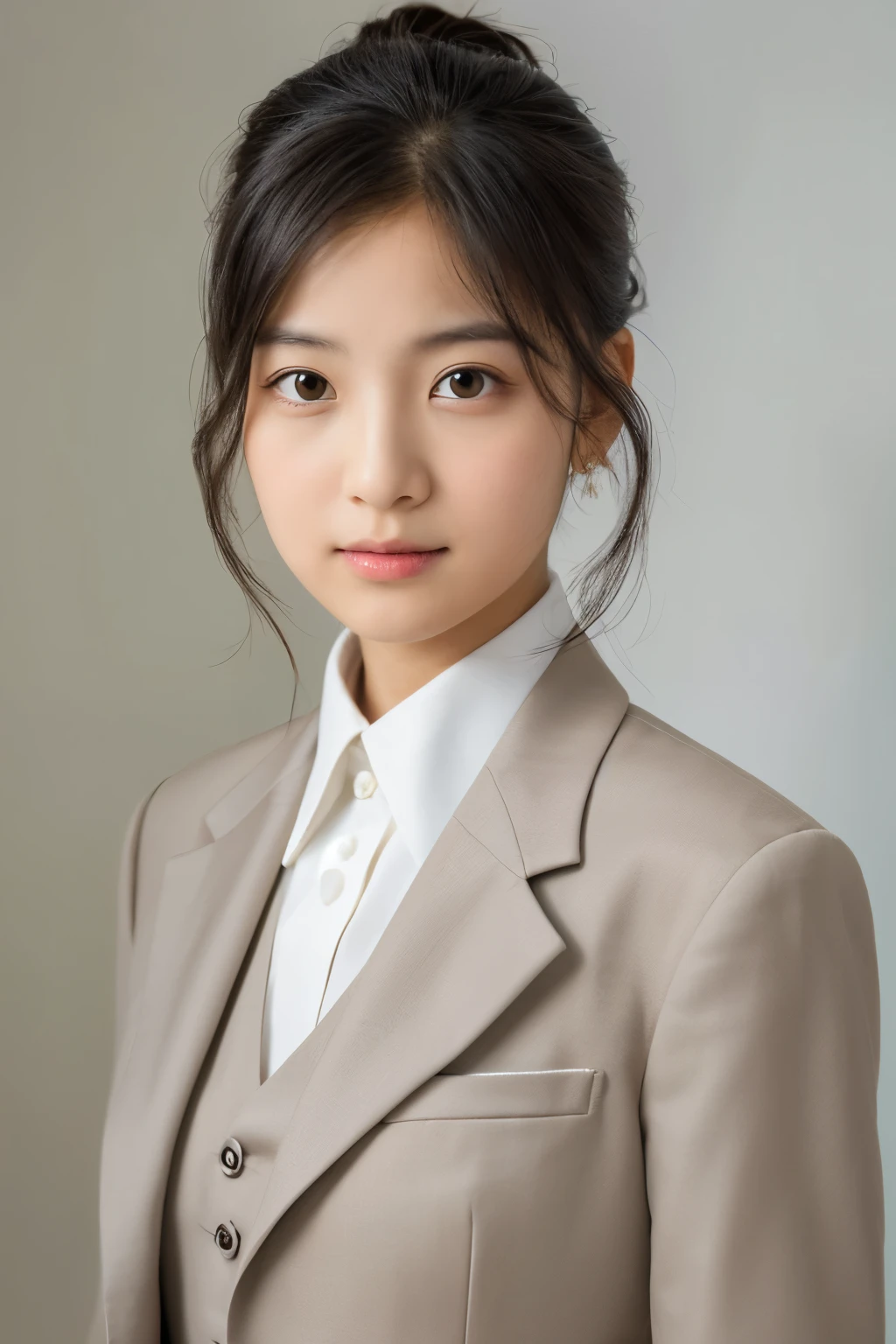 girl, formal suit, white background, looking camera, looking front, neutral expression, ID Photo, formal portrait photo profile picture, upper body