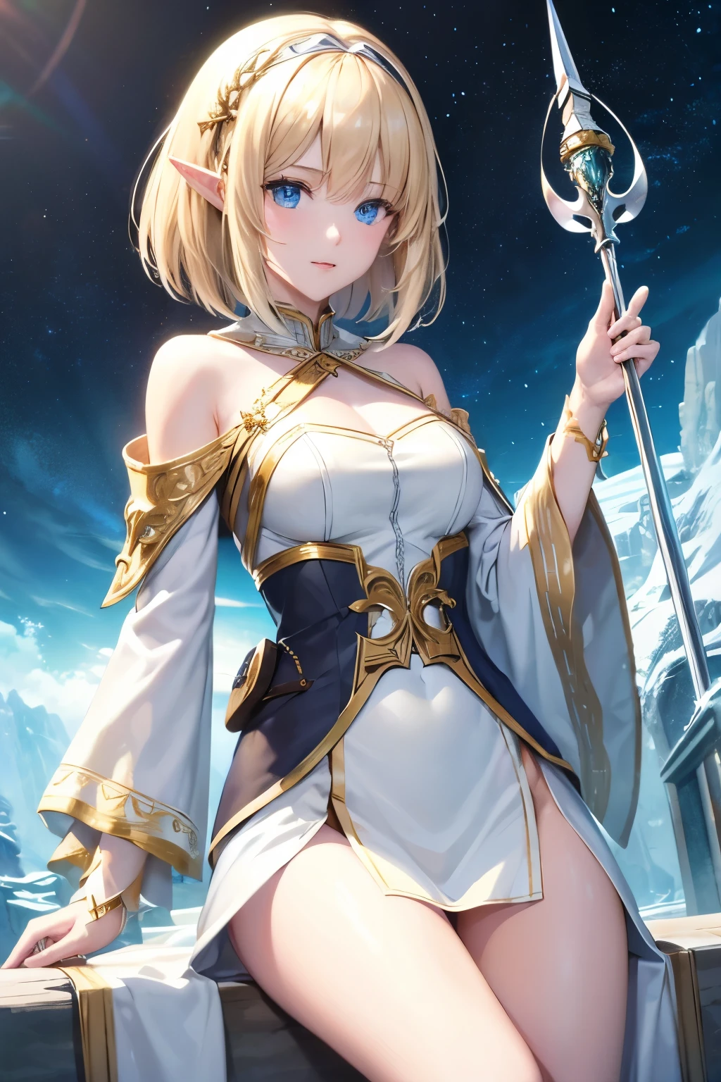 （（（ＳＦＷ、sound、Highest quality、first-class、masterpiece、Normal body、8K、Detailed face、Ultra-precision、Normal hand、Normal finger、５Finger、Highest）））、beautiful girl、Blonde、Shortcuts、Bobcut、High Elf、In the Land of Leadale、Kena、Silver Ring Witch、Arcana Staff、Highestの杖、High Elfの服、Feathered hair band