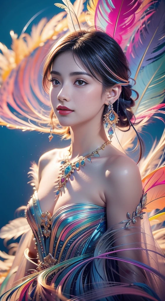 1 sister,(earrings feather:1.2),(tmasterpiece, quality, Best quality, offcial art, Beautiful and beautiful:1.2),very detailed nipples,(s fractal art:1.1),(Colorful:1.1),Feather background,