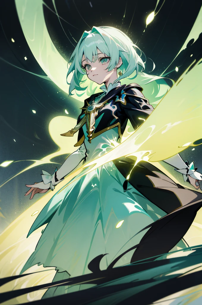 a picture of a woman in a dress with color green, a small black jacket, detailed key anime art, shadowverse style, in opal armor, high detailed official artwork, official artwork, sliver ice color reflected armor, clothed in ethereal armor, portrait knights of zodiac girl, splash art anime , ayaka genshin impact