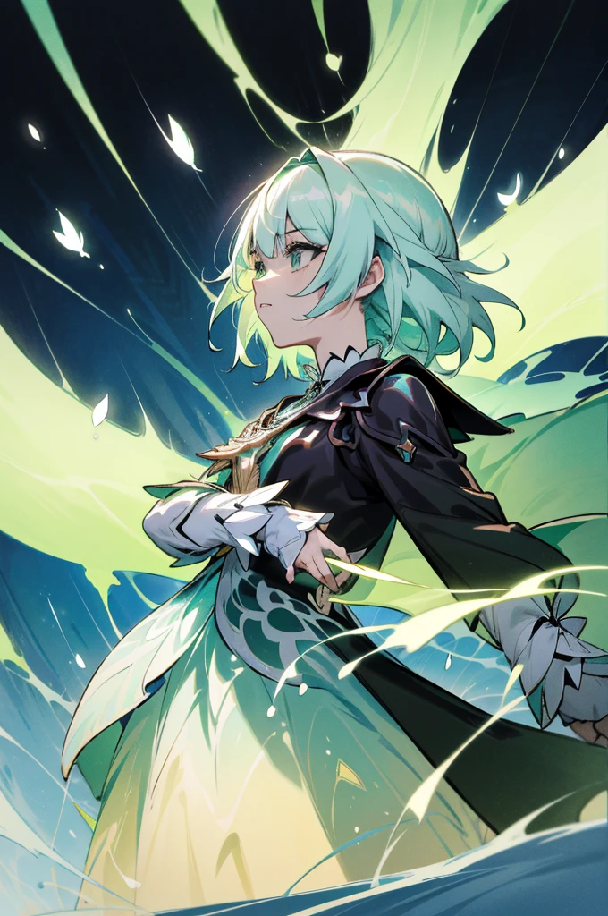 a picture of a woman in a dress with color green, a small black jacket, detailed key anime art, shadowverse style, in opal armor, high detailed official artwork, official artwork, sliver ice color reflected armor, clothed in ethereal armor, portrait knights of zodiac girl, splash art anime , ayaka genshin impact