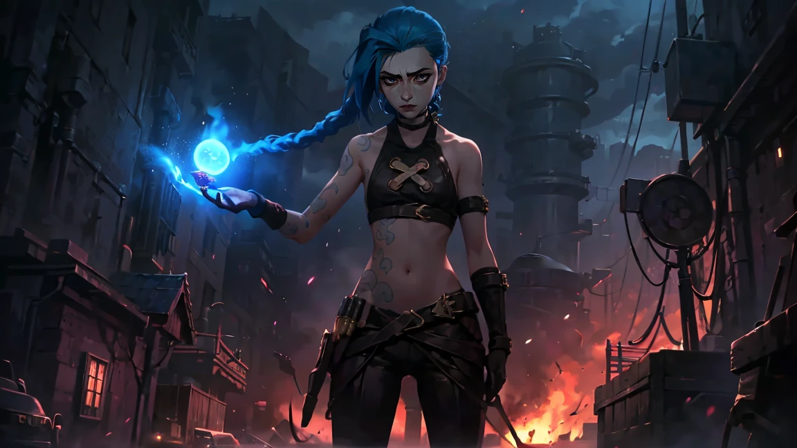 (masterpiece, Best quality), 1 girl, portrait, very sexy, holding a gun in his hand (((round barrel, Short))) pistol grip in right hand, Arm outstretched, full length (full body 1.1.), очень feminine, fighting stance, battle, fire, explosions, burning city, Beautiful waist, gloomy composition, flame, fire, Flash, very beautiful, feminine, long hair, hair braided in long braids, very sexy, tight leather pants, emphasis on the eyes, face accent, Beautiful face, Hands, Hair, Haired ponytail, red purple eyes, Jinx is crying, Blue cloud tattoo, (masterpiece, Best quality), Side lighting, beautiful detailed eyes, crazy face), (Best quality), (masterpiece), magic photography, Spectacular lighting, Photorealism, ultra detailed, интимная portraitная композиция, 1. 4,8 k UHD, aesthetic, Cd., A high resolution, 8 k, better lighting, Best shade, Ultra-HD, A high resolution, sharp focus, Complex background, Cinematic lighting, ((Landscape view)), 4K block, (better lighting), ((Cinematic lighting)),
