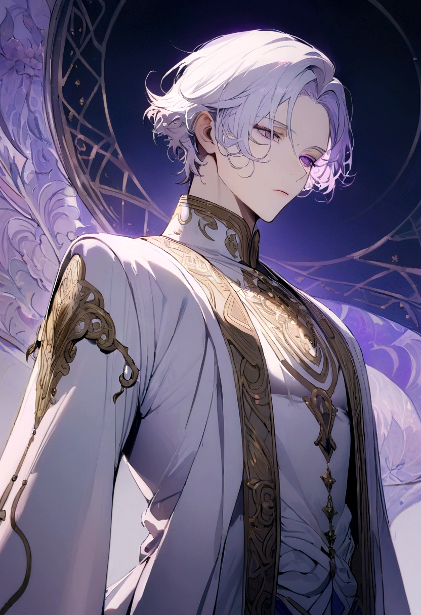 (extreamly delicate and beautiful:1.2), 8K,(masterpiece:1.0),(best_quality:1.0), 1boy, and intricate detailing, Enlarged textures, and intricate detailing, finely eye and detailed face, and intricate detailing, lilac short hair, (closed mouths), Perfect eyes, Equal eyes, lilac purple eyes (A male god) , White hair, purple eyes and working as a doctor