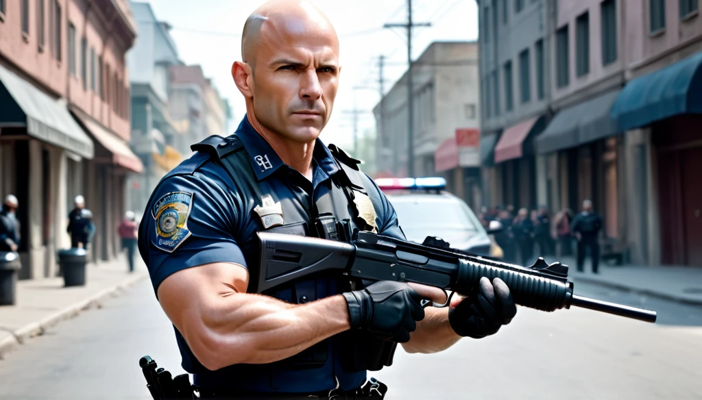 Create a bad-looking, handsome bald police officer, muscle xom gun in hand on the streets hunting thief,8K, Ultra realistic photo, cinematographic