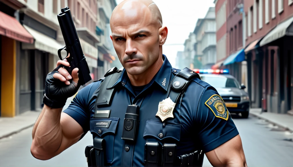 Create a bad-looking, handsome bald police officer, muscle xom gun in hand on the streets hunting thief,8K, Ultra realistic photo, cinematographic