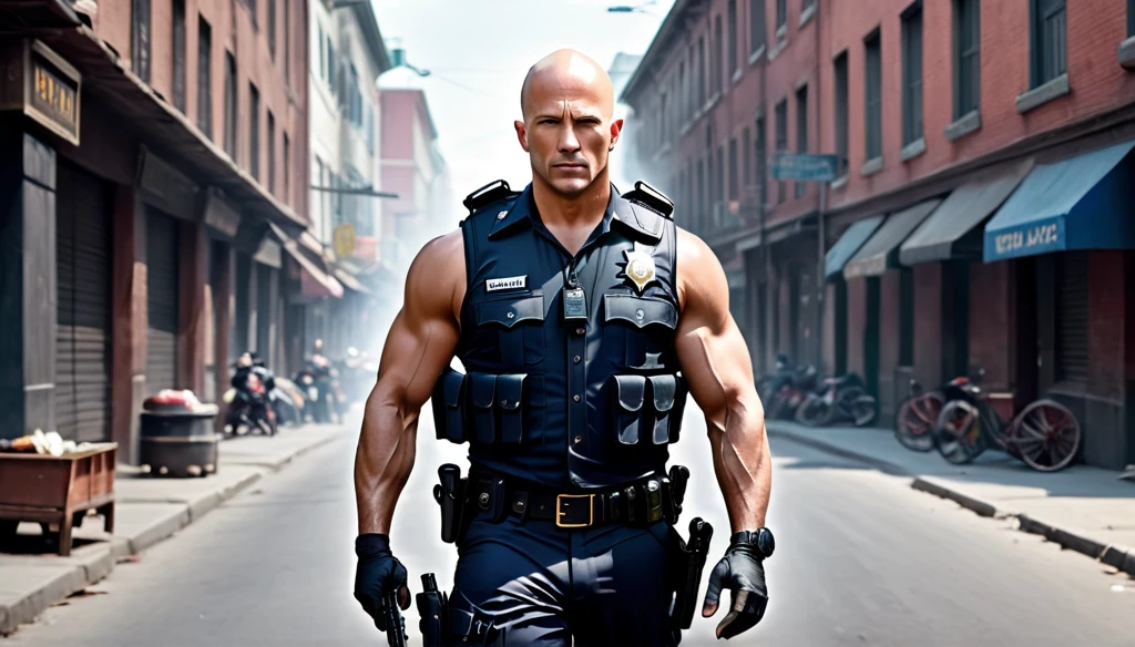 Create a bad-looking, handsome bald police officer, muscle xom gun in hand on the streets hunting thief,8K, Ultra realistic photo, cinematographic