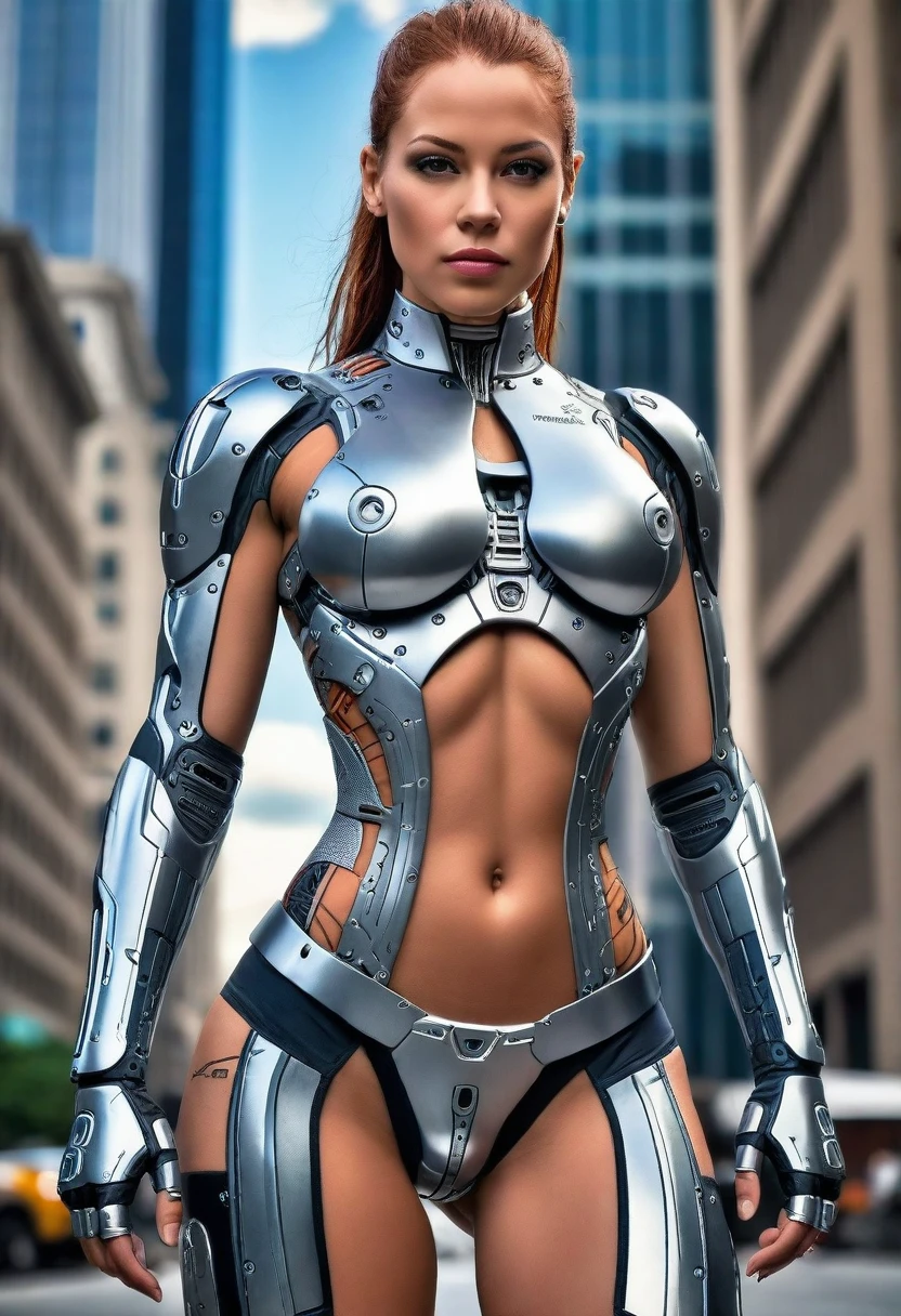 Cyborg in the big city, high quality, absurdres, masterpiece, beautiful, intricate details, 1/2 body crop, slim body, beautiful figure, magnificent anatomy, (intricate details:1.12), HDR, (intricate details, hyper-detailing:1.15), (natural skin textures, hyper realisitc, soft light, Sharp:1.2)