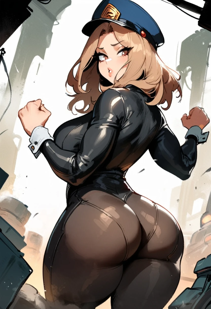 1girl, utsushimi kemii, boku no hero academia \\\\\ masterpiece, best quality, very aesthetic, absurdres, newest \\\\\\ slim body,///// by dodok,by nyantcha,cutesexyrobutts , by khyle,,////// beautiful face, light brown hair ,plump and glossy lips, . , , dark brown eyes,, cap, black catsuit . She wears white cuffs around her wrists,,standing, white background, (rear view:1.2), ass view,big tits, hands in fists