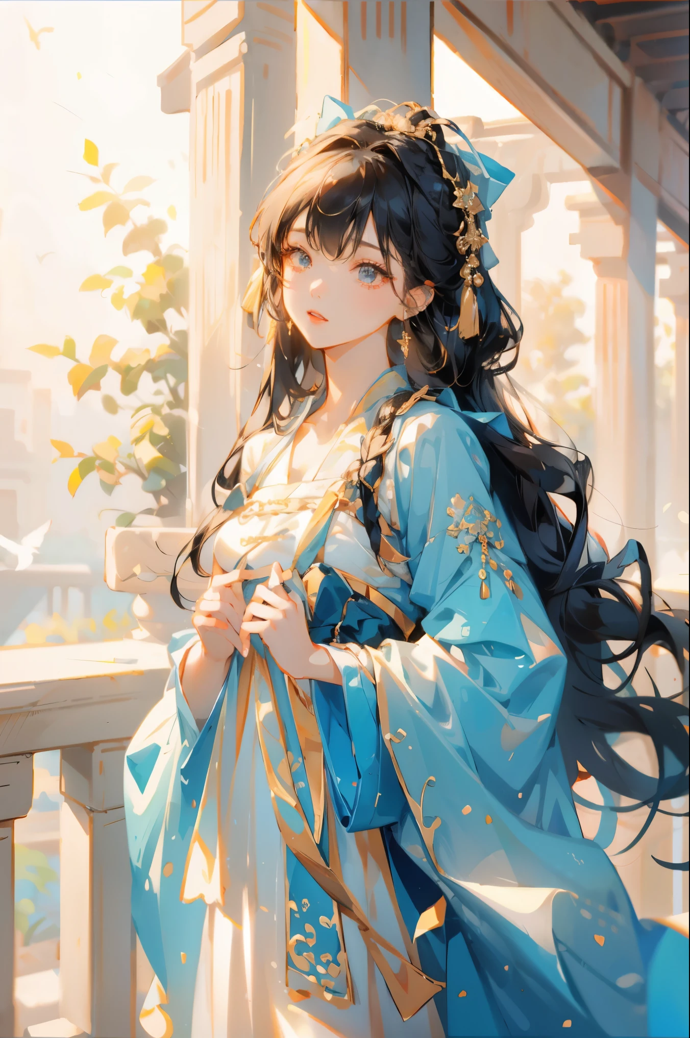 1girl,moyou,dynamic poses, , parted lips,
masterpiece,high resolution,1girl,hanfu, Chinese Traditional cloth,ultra-detailed, female focus,(chinese style:1.2),extreme detailed,gufeng, gradient,breasts,solo,
chest pleated skirt, mature female, (wide hips), collarbone, pelvic curtain, detached sleeves, pantyhose, tutuhsb,white pantyhose,
,makeup,jewelry,eyeshadow, looking at viewer, bangs, ,earrings,breast curtain,long sleeves, tassel, gold trim,
 ( highest detailed hair,hair ribbon, headband, braid, side braid,long hair)
,scenery,chinese architecture, trees, birds, sun,outdoors,depth of field,light particles, light rays , perfect lighting,
athletic,complex artistic composition,
stunning colors, bold colors, 