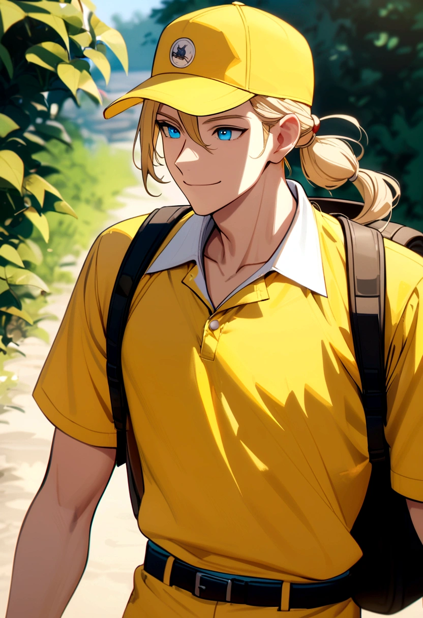 male with long blond hair tied back, blue eyes, smiling, wearing a yellow and white baseball cap, yellow polo shirt, white collar, black belt, black backpack