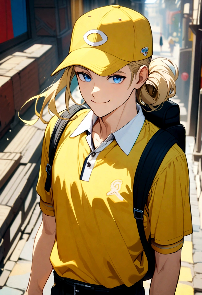 male with long blond hair tied back, blue eyes, smiling, wearing a yellow and white baseball cap, yellow polo shirt, white collar, black belt, black backpack